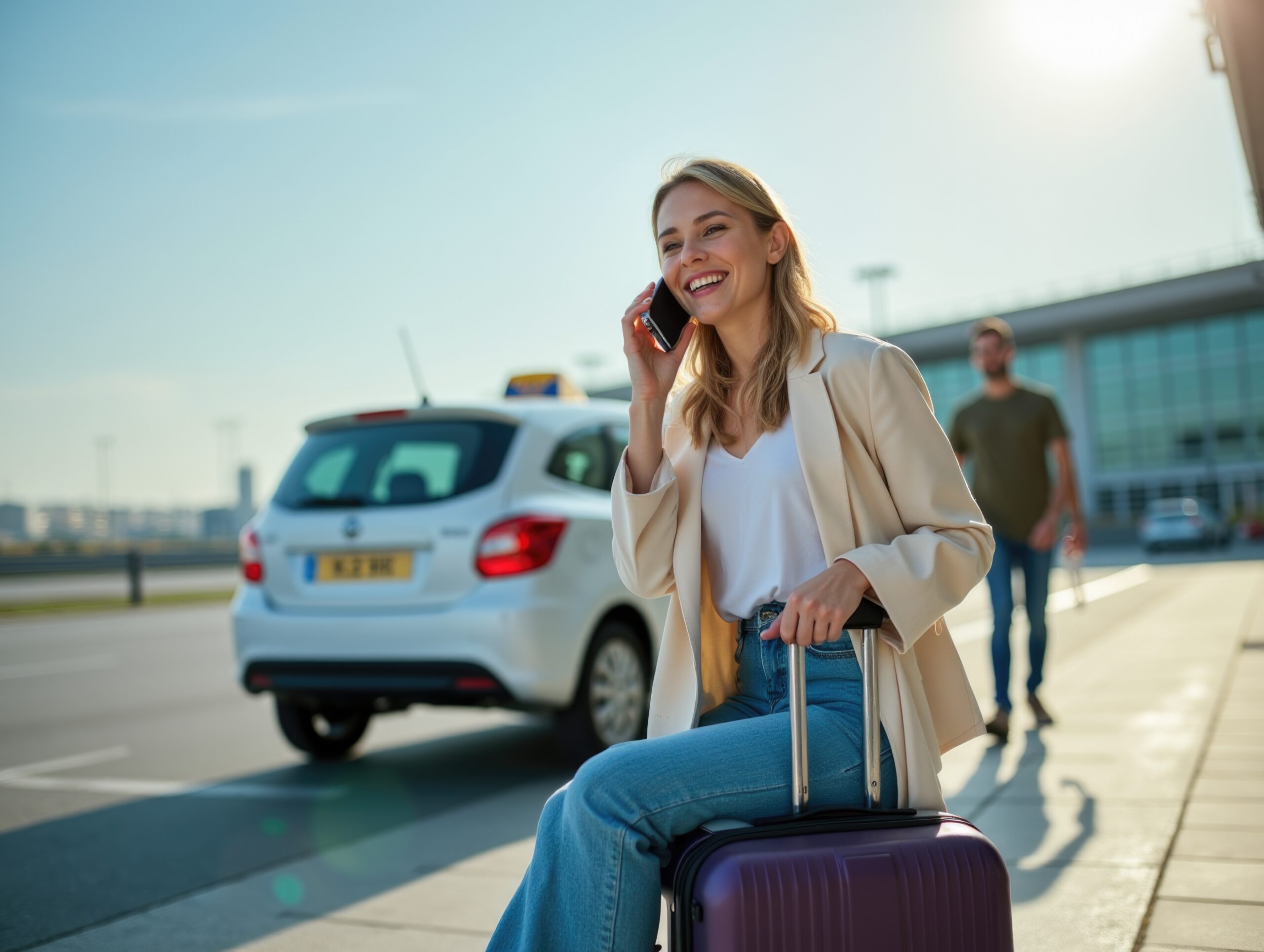 Tevreden reiziger wacht op taxi aan luchthaven